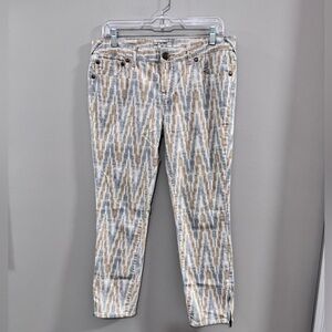 Women's Free People Tan and Gray Ankle Cropped Jeans with Aztec Pattern. Size 31